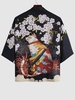 Kimono Ouvert en Avant Motif de Chat et de Cerisier L Noir