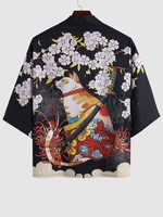 Kimono Ouvert en Avant Motif de Chat et de Cerisier L Noir