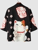 Kimono Ouvert en Avant Motif de Chat et de Fleur M Noir