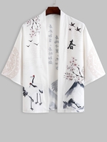 Kimono Ouvert en Avant Motif de Grue et de Caractère Chinois L Blanc