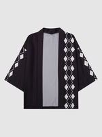 Kimono Ouvert en Avant Motif de Losange Géométrique Xxl Noir