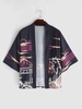 Kimono Ouvert en Avant Motif de Loup et Champ L Charbon