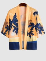 Kimono Ouvert en Avant Motif de Palmier et de Coucher du Soleil S Moutarde