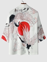 Kimono Ouvert en Avant Motif Grue à Couronne Rouge et Soleil M Blanc