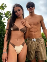 Maillot de Bain Assorti Rayé en Blocs de Couleurs pour Couple Taille unique Café profond