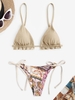 Maillot de Bain Bikini à Imprimé Ethnique Anneau en O à Volants Taille unique Café lumière