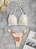 Maillot de Bain Bikini à Imprimé Ethnique Jointif à Col Halter Taille unique Café lumière