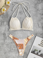 Maillot de Bain Bikini à Imprimé Ethnique Jointif à Col Halter Taille unique Café lumière
