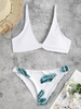 Maillot de Bain Bikini à Imprimé Feuille Tropicale Côtelé Noué Au Dos Taille unique Blanc
