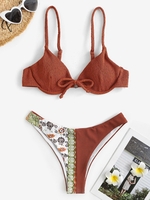 Maillot de Bain Bikini à Imprimé Fleur à Armature avec Nœud Papillon Taille unique Café
