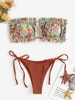 Maillot de Bain Bikini Bandeau Ajustable Côtelé Noué à Côté Taille unique Café