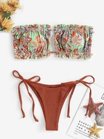 Maillot de Bain Bikini Bandeau Ajustable Côtelé Noué à Côté Taille unique Café