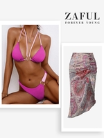Maillot de Bain Bikini Bandeau Ethnique Anneau en O Imprimé à Volants et Jupe Côtelée Taille unique Rose clair