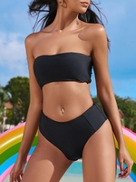 Maillot De Bain Bikini Bandeau Push Up Taille Haute Échancré Solide L Noir