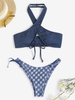 Maillot de Bain Bikini Croisé Motif à Carreaux à Col Halter en Torchon Taille unique Bleu profond