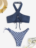 Maillot de Bain Bikini Croisé Motif à Carreaux à Col Halter en Torchon Taille unique Bleu profond