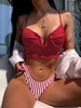 Maillot de Bain Bikini Croisé Rayé à Jambe Haute à Armature en V Taille unique Rouge