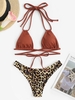 Maillot de Bain Bikini Côtelé à Imprimé Animal à Bretelle à Col Halter Taille unique Café