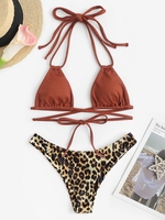 Maillot de Bain Bikini Côtelé à Imprimé Animal à Bretelle à Col Halter Taille unique Café