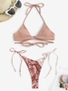 Maillot de Bain Bikini Côtelé à Imprimé Ethnique Croisé Noué à Côté Taille unique Orange clair