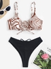 Maillot de Bain Bikini Côtelé à Imprimé Tourbillon à Jambe Haute à Lacets Taille unique Multi a