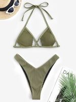 Maillot de Bain Bikini Côtelé à Jambe Haute Taille unique Vert clair
