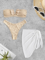 Maillot de Bain Bikini Côtelé Animal à Pois à Armature en V avec Sarong Taille unique Café lumière