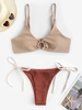 Maillot de Bain Bikini Côtelé Anneau en O à Volants Taille unique Café