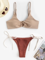 Maillot de Bain Bikini Côtelé Anneau en O à Volants Taille unique Café