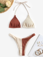 Maillot de Bain Bikini Côtelé Bicolore à Volants Taille unique Café
