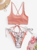 Maillot de Bain Bikini Côtelé Croisé à Imprimé Fleuri Taille unique Rose clair