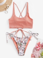 Maillot de Bain Bikini Côtelé Croisé à Imprimé Fleuri Taille unique Rose clair