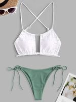 Maillot de Bain Bikini Côtelé Croisé Broderie Anglaise Taille unique Blanc