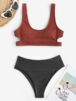 Maillot de Bain Bikini Côtelé Découpé à Taille Haute Taille unique Café