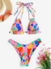 Maillot de Bain Bikini Côtelé en Blocs de Couleurs à Bretelle à Volants Taille unique Rose clair