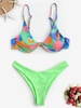 Maillot de Bain Bikini Côtelé en Blocs de Couleurs à Jambe Haute Taille unique Vert
