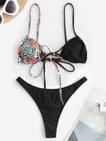 Maillot de Bain Bikini Côtelé Floral Léopard Taille unique Noir