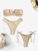 Maillot de Bain Bikini Côtelé Métallique à Pois à Armature en V avec Bas de Bikini Noué Taille unique Café lumière
