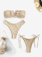 Maillot de Bain Bikini Côtelé Métallique à Pois à Armature en V avec Bas de Bikini Noué Taille unique Café lumière