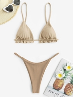 Maillot de Bain Bikini Côtelé Métallique à Volants Taille unique Café lumière