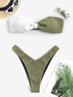 Maillot de Bain Bikini Côtelé Noué en Blocs de Couleurs à Coupe Haute Taille unique Vert
