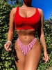 Maillot de Bain Bikini Côtelé Rayé à Jambe Haute Taille unique Rouge