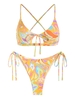 Maillot de Bain Bikini Découpé à Imprimé Fleur à Lacets Noué à Côté L Jaune