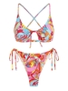 Maillot de Bain Bikini Découpé à Imprimé Fleur à Lacets Noué à Côté L Multi a