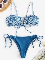 Maillot de Bain Bikini Découpé Noué Fleur à Jambe Haute à Cordon Taille unique Bleu