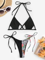 Maillot de Bain Bikini Dos-Nu à Imprimé Léopard et Fleurs Taille unique Noir