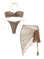 Maillot de Bain Bikini et Robe Ajourée Embellie de Coquille Au Crochet à Lacets Taille unique Café