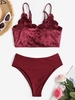 Maillot de Bain Bikini Festonné à Taille Haute en Velours à Lacets Taille unique Rouge
