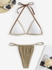 Maillot de Bain Bikini Feuille Texturé Contrasté avec Passepoil Taille unique Café lumière