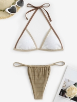 Maillot de Bain Bikini Feuille Texturé Contrasté avec Passepoil Taille unique Café lumière